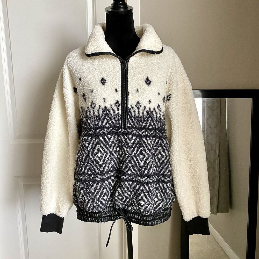 Calia Black White 1/4 Zip Sherpa Pullover Fleece Fair Isles Size Medium